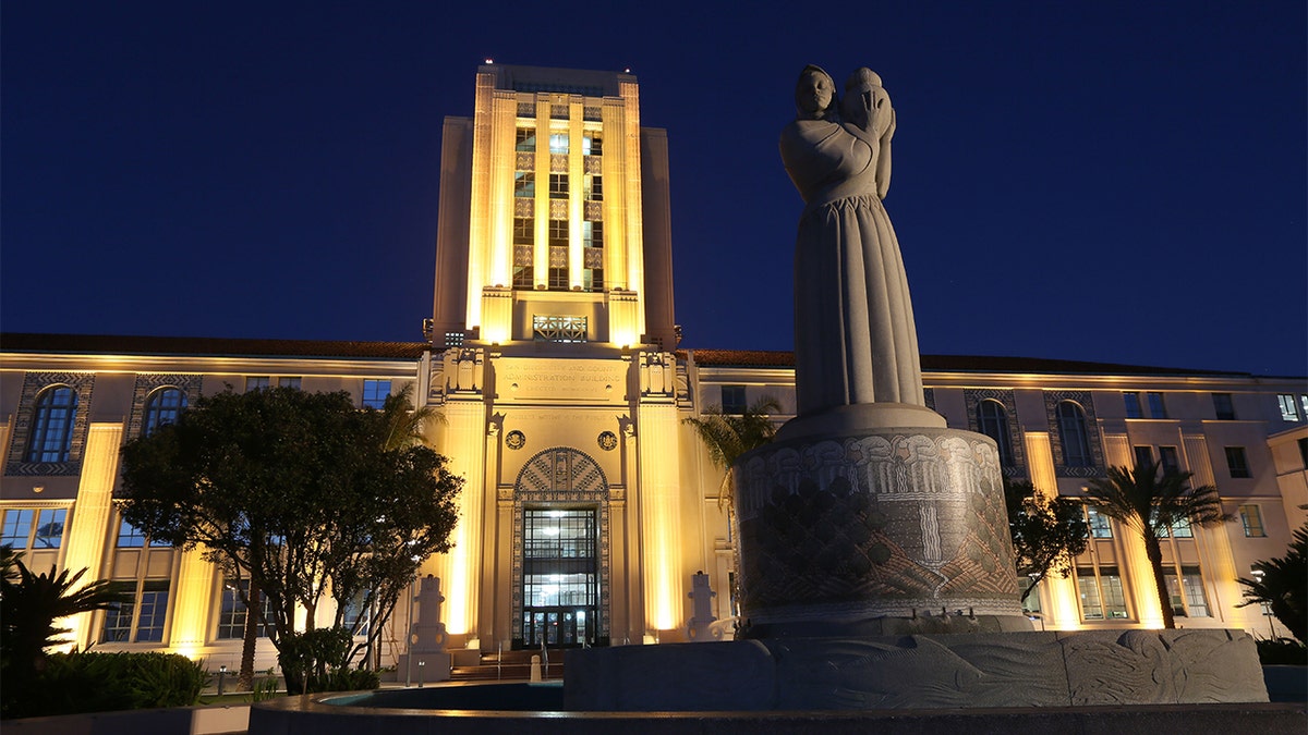 The San Diego City Administration Building is pictured with a new park on Thursday, June 12, 2014 in Downtown San Diego, CA. The City Admin Building features a new park out fron that features fountains, green space and a children's playground area. (Photo by Sandy Huffaker/Corbis via Getty Images)