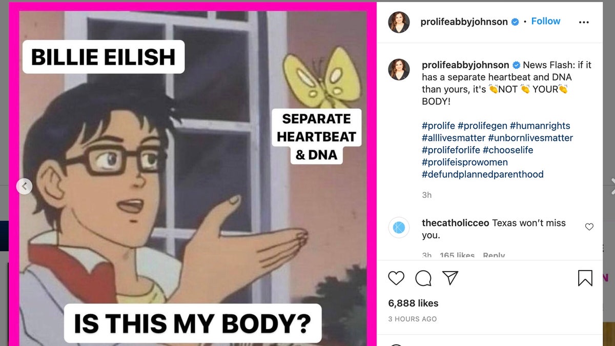 Abby Johnson posts a meme remarking on singer Billie Eilish's abortion comments. (Source: prolifeabbyjohnson on Instagram)