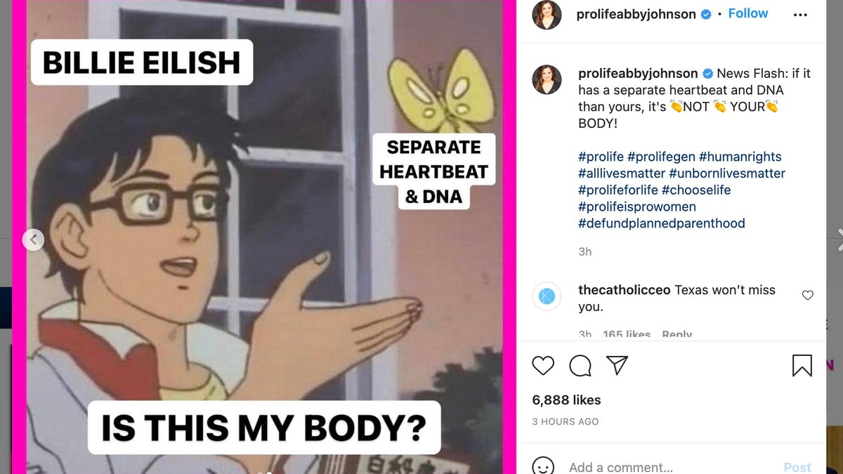 Abby Johnson posts a meme remarking on singer Billie Eilish's abortion comments. (Source: prolifeabbyjohnson on Instagram)