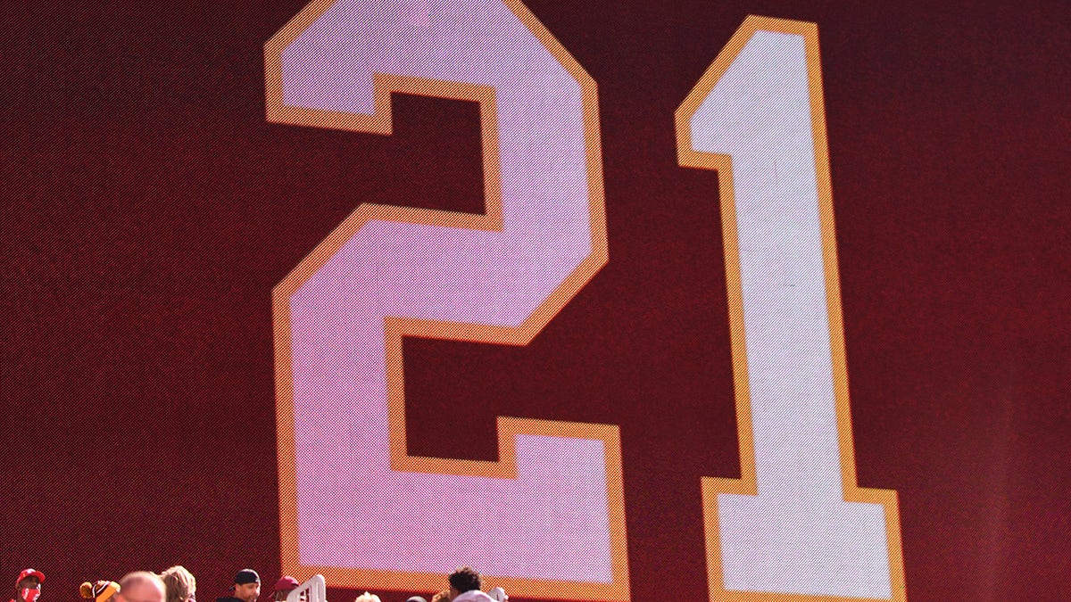 The number 21 is displayed in honor of retiring the jersey of Sean Taylor during a game between the Washington Football Team and Kansas City Chiefs at FedExField on October 17, 2021 in Landover, Maryland.