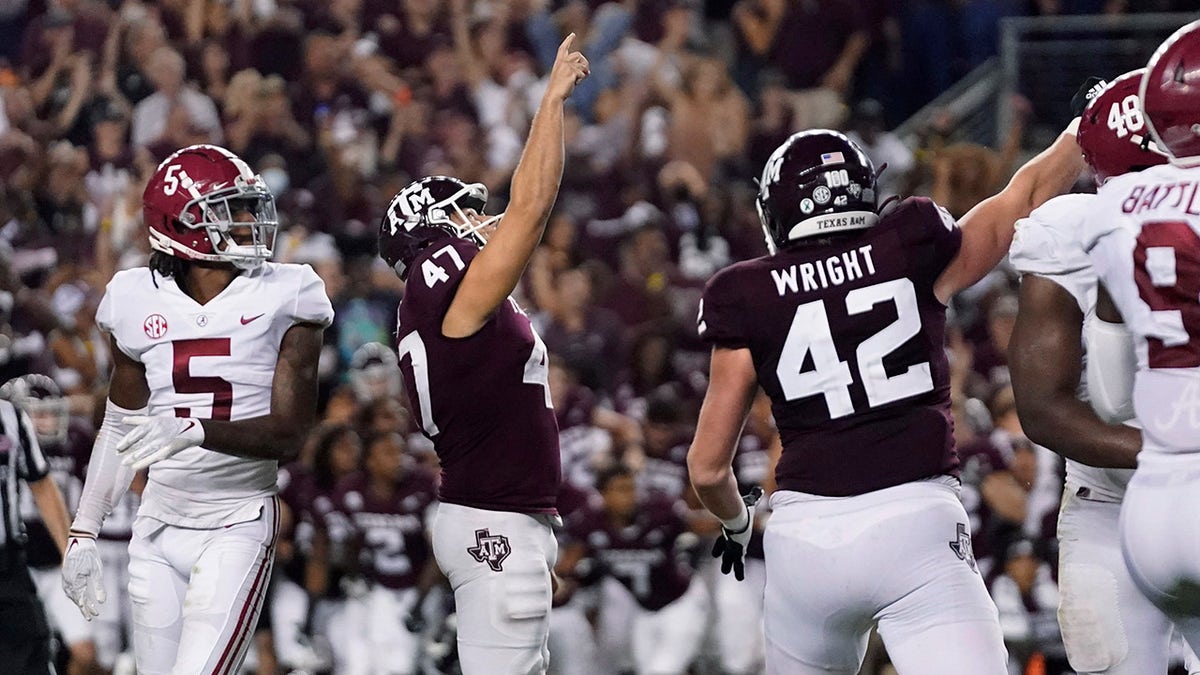 Texas A&amp;M's Seth Small (47) reacts after making a field goal to defeat Alabama, at the end of an NCAA college football game Saturday, Oct. 9, 2021, in College Station, Texas.
