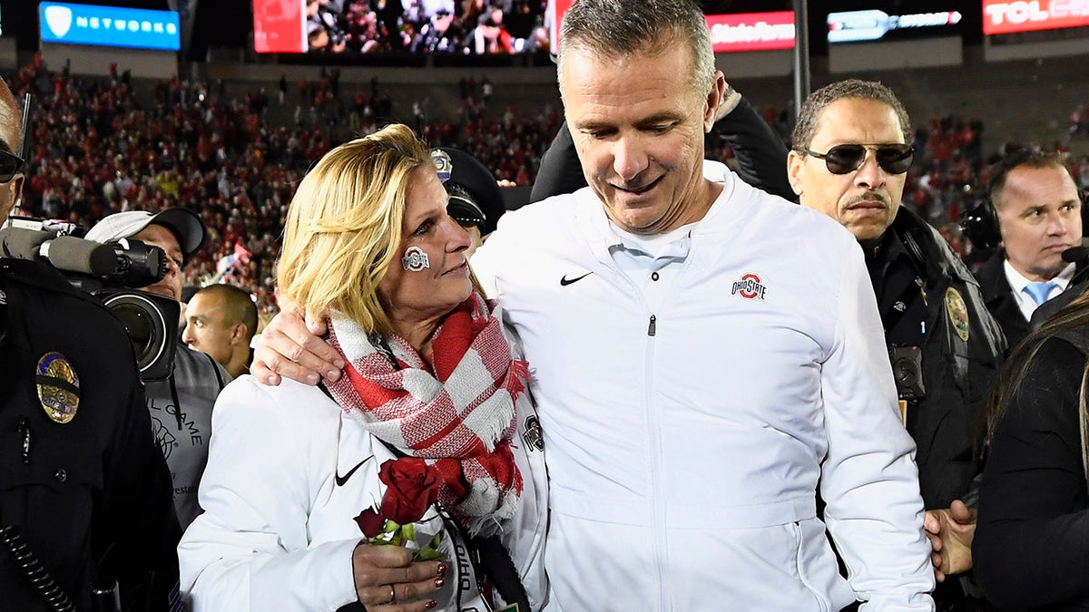 Ohio State Buckeyes head coach Urban Meyer and wife Shelley Meyer celebrate after the Ohio State Buckeyes win the Rose Bowl Game presented by Northwestern Mutual at the Rose Bowl on January 1, 2019 in Pasadena, California. 