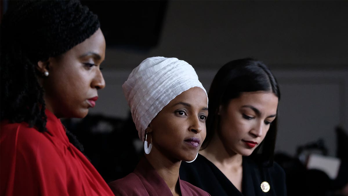 Alexandria Ocasio-Cortez Ilhan Omar Ayanna pressley during press conference 