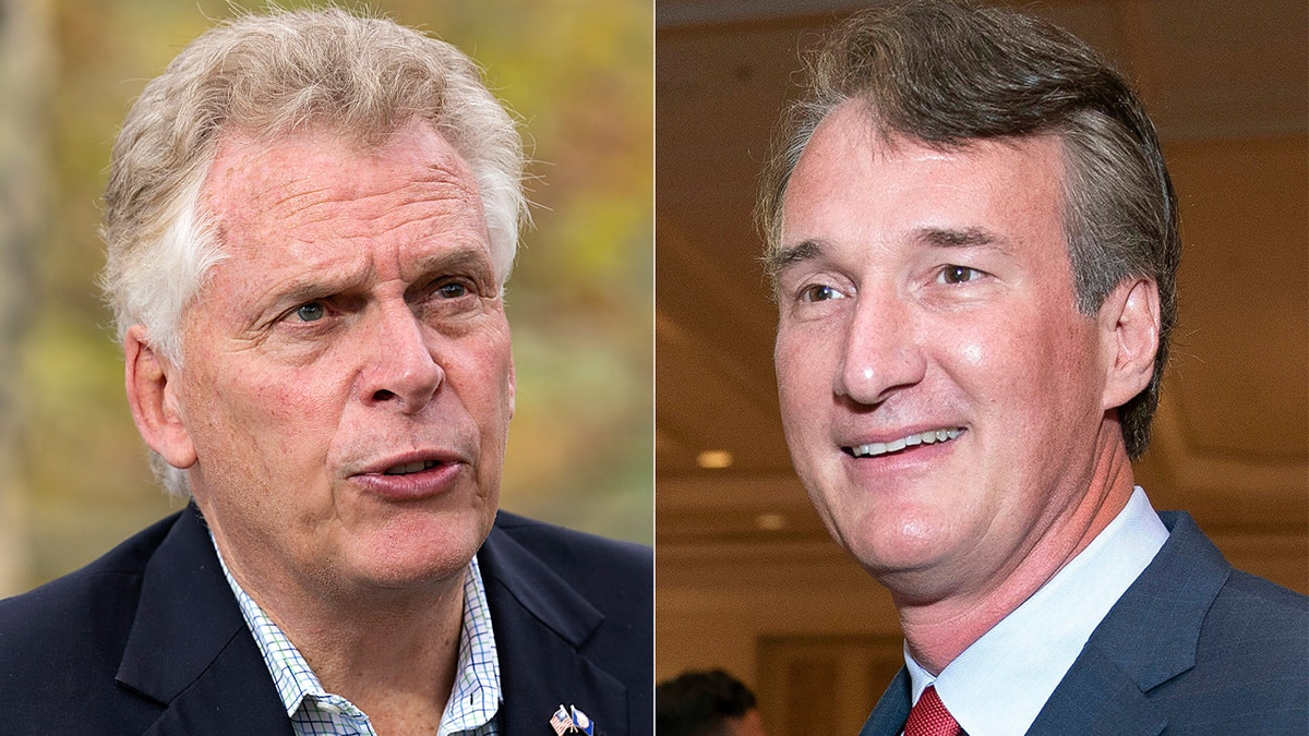 In this combination photo, Virginia gubernatorial candidates, Democrat Terry McAuliffe left, and Republican Glenn Youngkin appear during the Virginia FREE leadership luncheon, in McLean, Va., on Sept. 1, 2021.  (AP Photo/Cliff Owen)