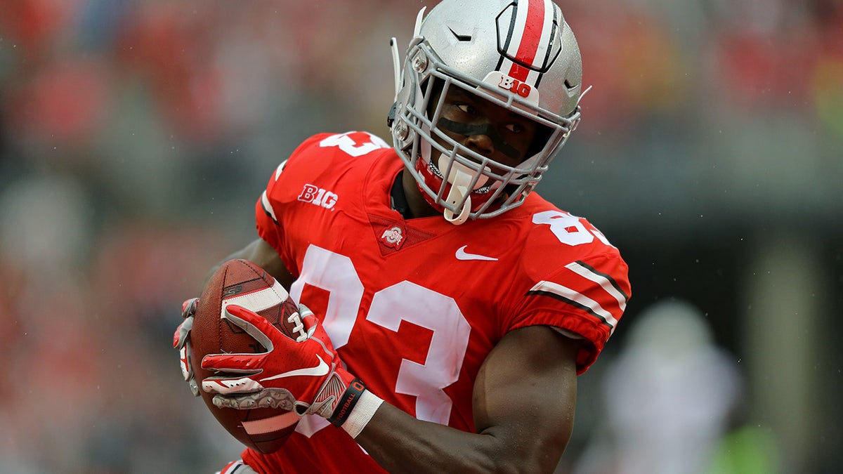 Sep 8, 2018; Columbus, OH, USA; Ohio State Buckeyes wide receiver Terry McLaurin (83) catches a pass for a touchdown against the Rutgers Scarlet Knights in the first half at Ohio Stadium.