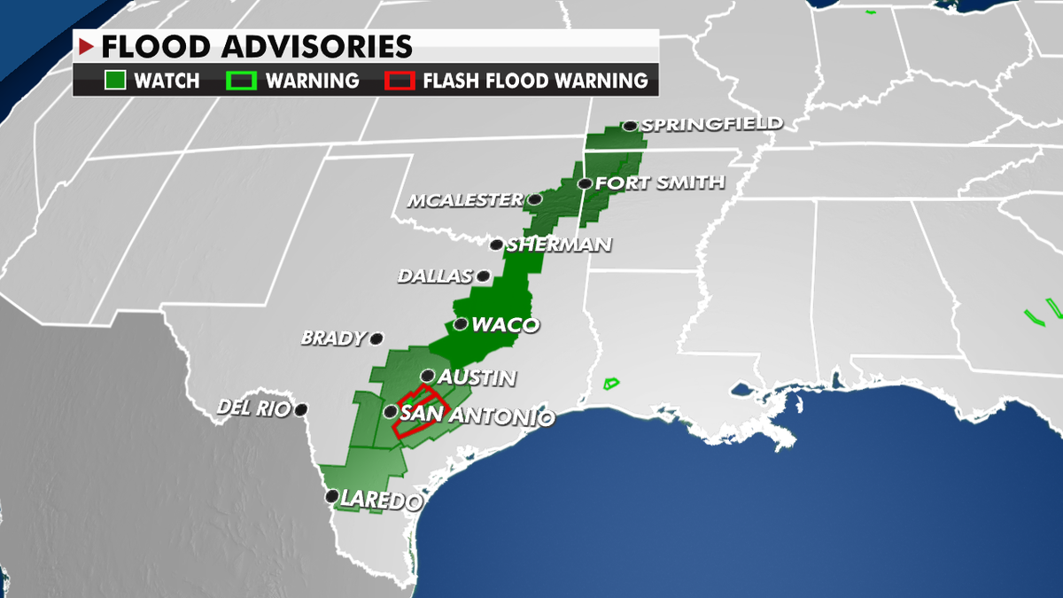 Flood advisories from Texas into Oklahoma