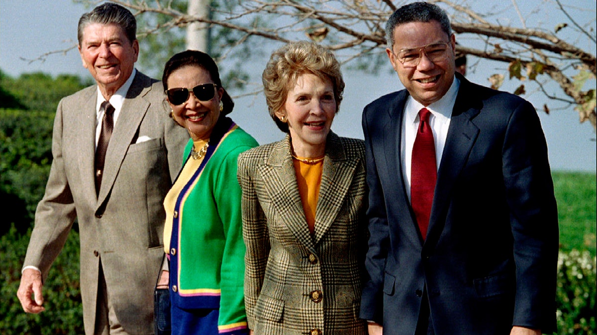 Former President Ronald Reagan (L), former first lady Nancy Reagan (2nd R), General Colin L. Powell (R), former Chairman of the Joint Chiefs of Staff and his wife Alma Powell arrive for award ceremonies at the Ronald Reagan Presidential Library in Simi Valley, California in this Nov. 1993 file photo. 