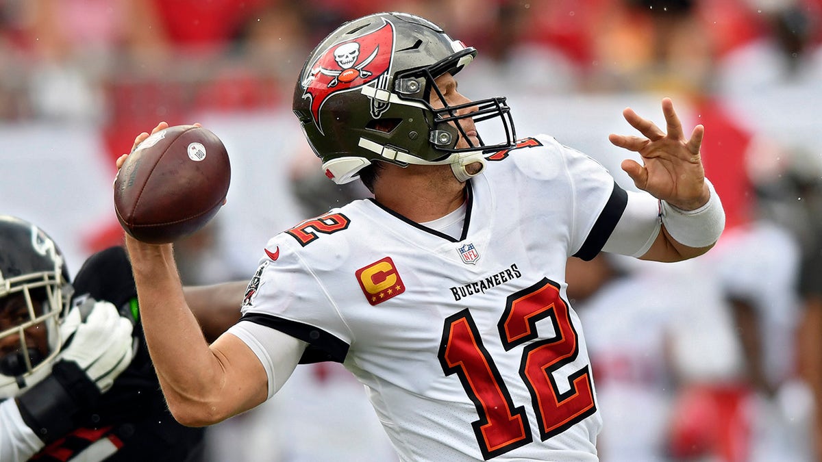 Tampa Bay Buccaneers quarterback Tom Brady (12) fires a pass against the Atlanta Falcons during the first half of an NFL football game Sunday, Sept. 19, 2021, in Tampa, Florida.