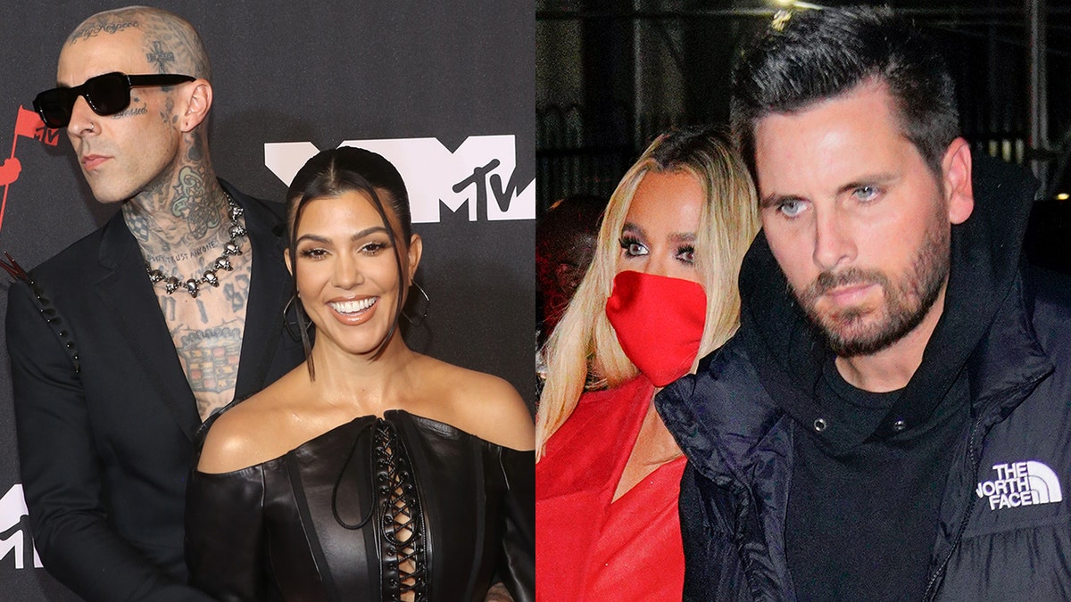 Scott Disick, right, is reportedly fuming at the news his ex Kourtney Kardashian is engaged to Travis Barker, both left.