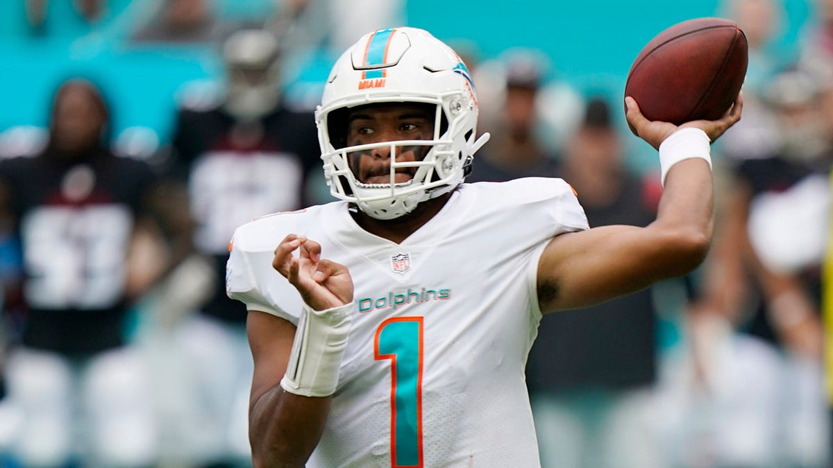 Tua Tagovailoa aims a pass against the Atlanta Falcons, Oct. 24, 2021, in Miami Gardens, Florida.