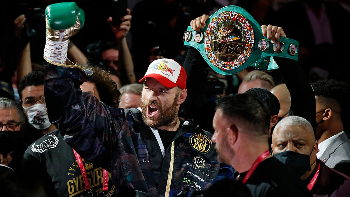 Tyson Fury, of England, arrives for a heavyweight championship boxing match against Deontay Wilder, Saturday, Oct. 9, 2021, in Las Vegas.