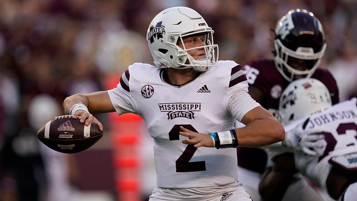 Mississippi State quarterback Will Rogers (2) passes down field against Texas A&amp;amp;M during the first half of an NCAA college football game, Saturday, Oct. 2, 2021, in College Station, Texas.
