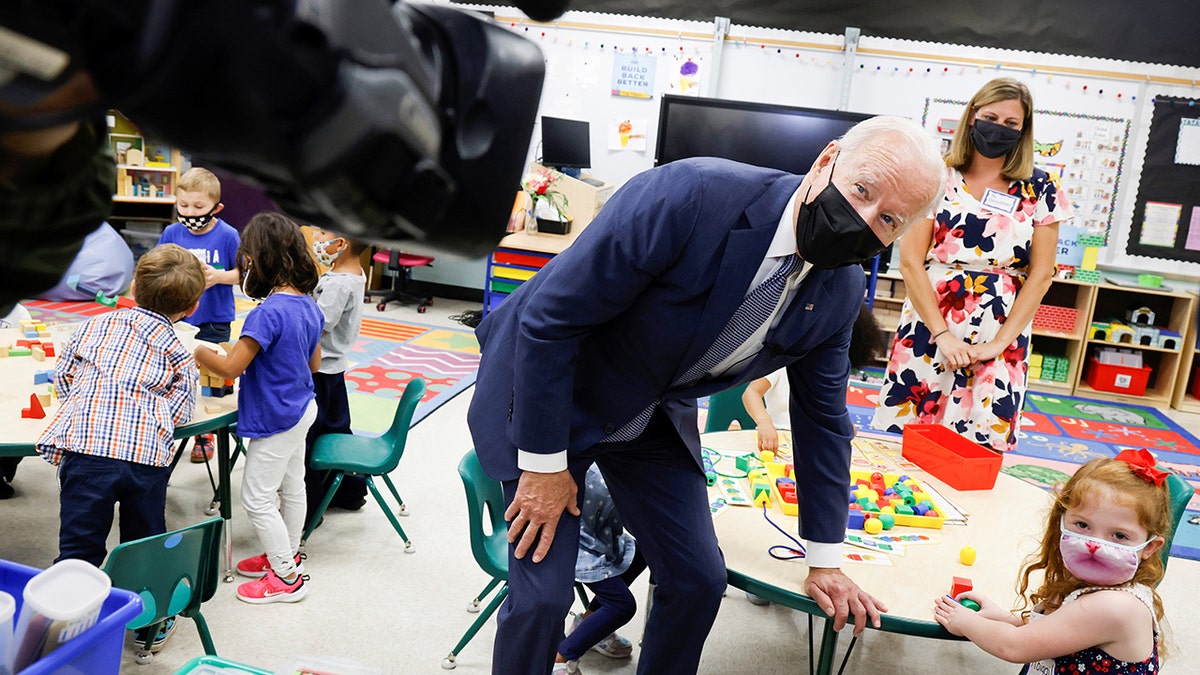 U.S. President Biden visits teacher Allison Hessemer’s pre-Kindergarten class at East End Elementary School to highlight the early childhood education proposal in his Build Back Better infrastructure agenda in North Plainfield, New Jersey, Oct. 25, 2021. 