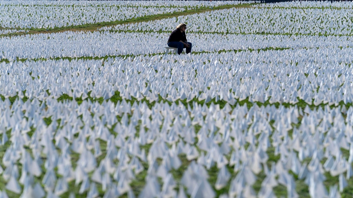 Saturday, Oct. 2, 2021: A visitor sits on a bench to look artist Suzanne Brennan Firstenberg's "In America: Remember," a temporary art installation made up of white flags to commemorate Americans who have died of COVID-19, on the National Mall, in Washington.