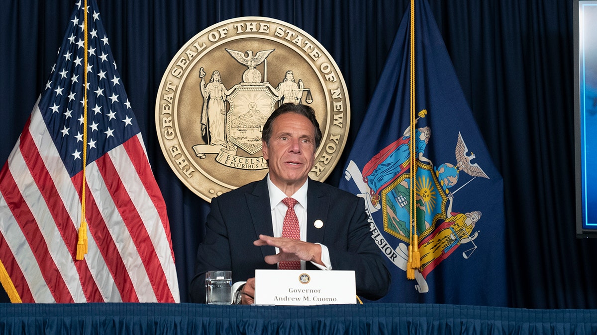 Andrew Cuomo, then-governor of New York, speaks about the COVID-19 delta variant during a press briefing.