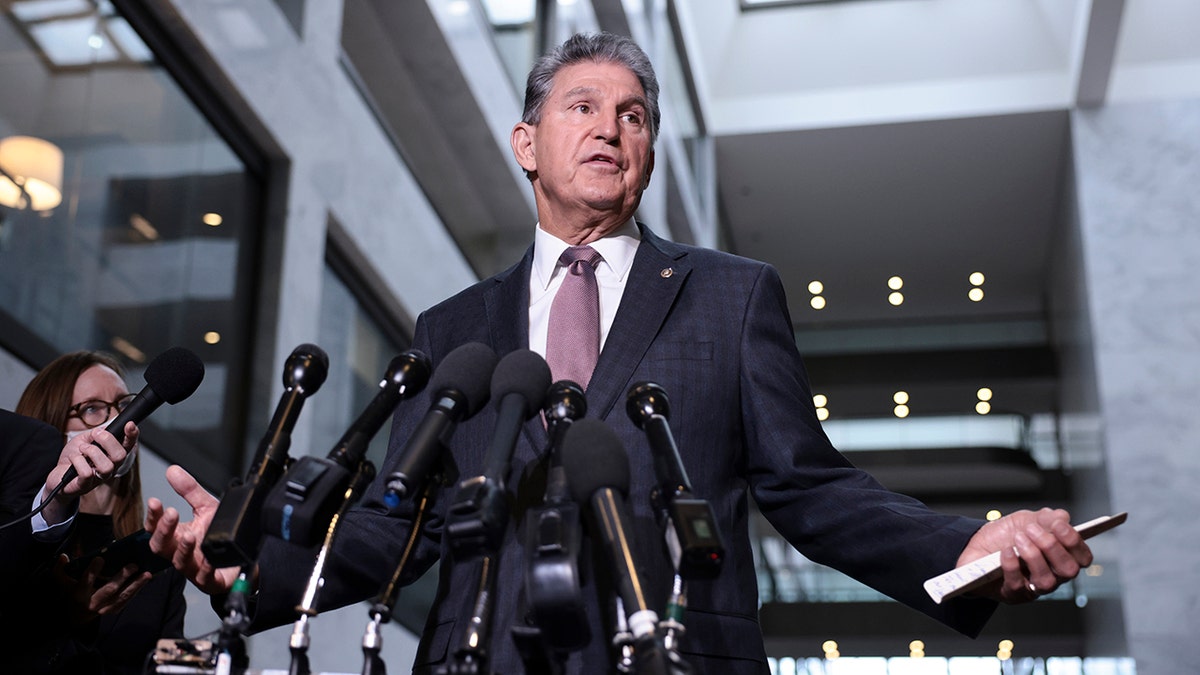 Sen. Joe Manchin, D-W.Va., speaks at a press conference outside his office on Capitol Hill on Oct. 6, 2021 in Washington, D.C. 