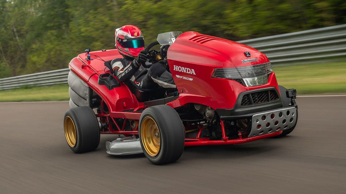 The Mean Mower is powered by a 200 hp engine from a Fireblade motorcycle.