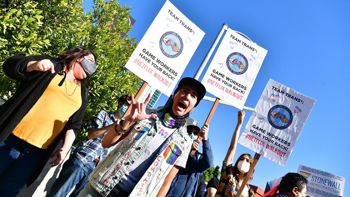 Trans employees and allies at Netflix walkout in protest of Dave Chappelle special on October 20, 2021 in Los Angeles, California. Netflix has decided to air Chappelle’s special, which contains jokes about transgender people, even though some employees have voiced concerns they feel have been ignored by the company. 