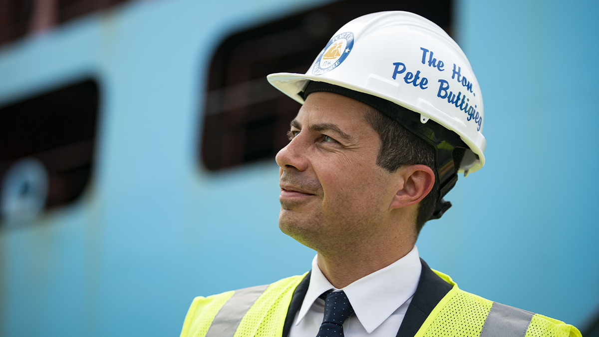 U.S. Secretary of Transportation Pete Buttigieg wearing a hard hat during a visit in Maryland