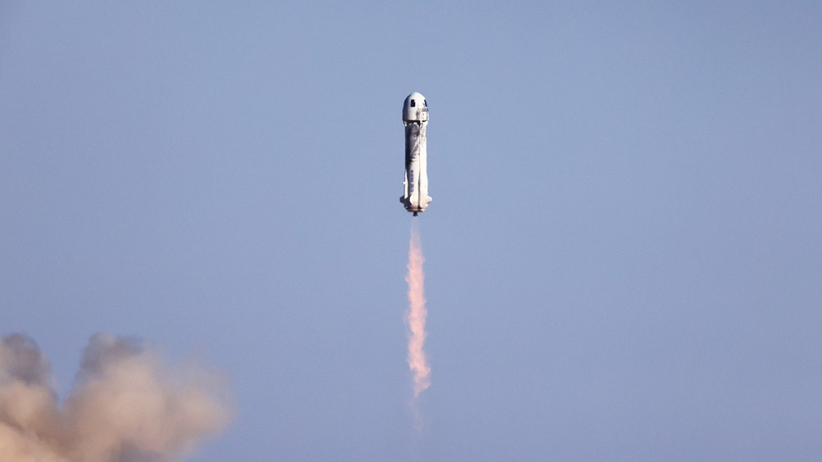 Blue Origin’s New Shepard Blue Origin’s New Shepard flies toward space carrying 90-year-old Star Trek actor William Shatner and three other civilians on October 13, 2021 near Van Horn, Texas. Shatner will become the oldest person to fly into space on the ten minute flight. Shatner, along with civilians Audrey Powers, Chris Boshuizen and Glen de Vries, are riding aboard mission NS-18, the second human spaceflight for the company which is owned by Amazon founder Jeff Bezos.?