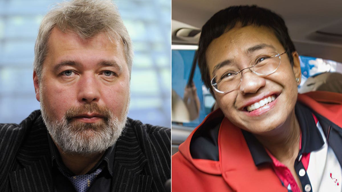 Nobel Peace Prize winners Dmitry Muratov of Russia . left, and Maria Ressa of the Philippines.