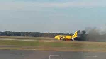 Spirit Airlines plane struck by bird during takeoff at New Jersey airport, sparking a fire