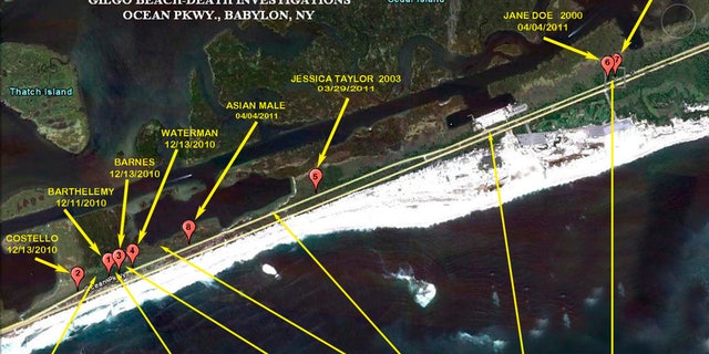The locations where eight of 10 bodies were found near Gilgo Beach since December 2010 are seen in this Suffolk County Police handout image released to Reuters on September 20, 2011. REUTERS/Courtesy of Suffolk County Police