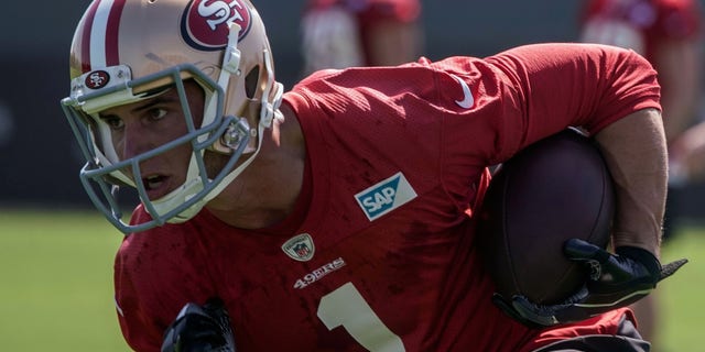 July 26, 2018; Santa Clara, CA, USA; San Francisco 49ers wide receiver Max McCaffrey (1) runs football with SAP Performance Facility at training camp. Mandatory Credit: Stan Szeto-USA Today Sports