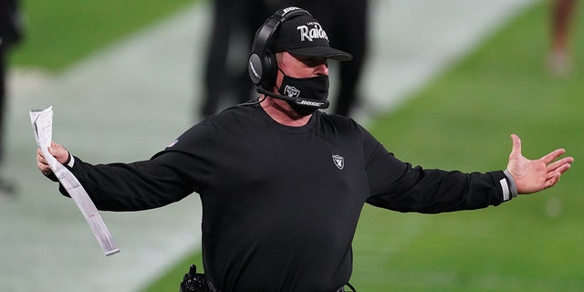 Raiders head coach Jon Gruden reacts against the Kansas City Chiefs during the first half at Allegiant Stadium.