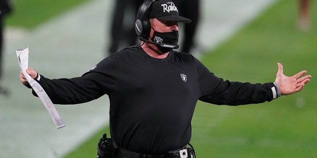 Raiders head coach Jon Gruden reacts against the Kansas City Chiefs during the first half at Allegiant Stadium.