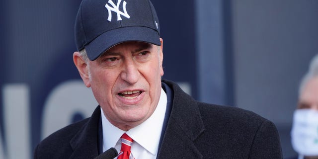 New York's Mayor Bill de Blasio makes declarations at a mass vaccination site at Yankee Stadium amid the coronavirus disease (COVID-19) pandemic in the Bronx borough of New York City, New York, U.S., February 5, 2021.