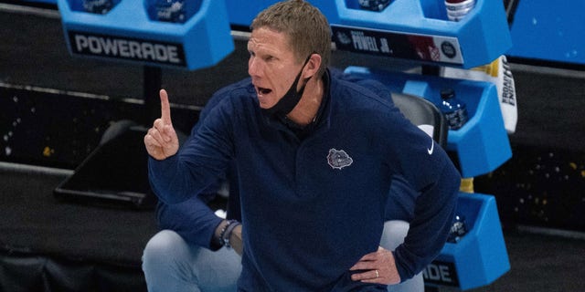 Gonzaga Bulldogs head coach Mark Few reacts off the bench against the Baylor Bears in the second half of the National Championship game in the final four of the 2021 NCAA tournament at Lucas Oil Stadium.  
