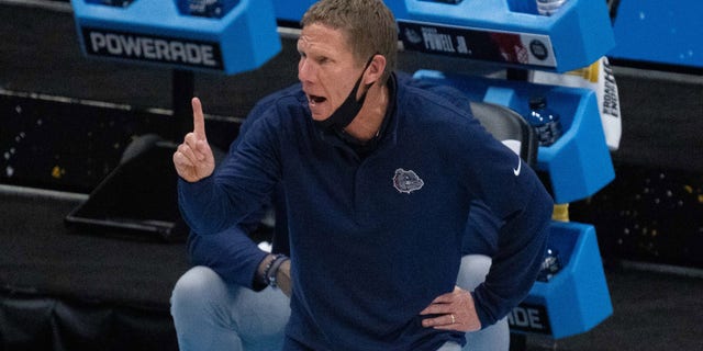 Apr 5, 2021; Indianapolis, IN, USA; Gonzaga Bulldogs head coach Mark Few reacts on the bench against the Baylor Bears in the second half during the national championship game in the Final Four of the 2021 NCAA Tournament at Lucas Oil Stadium. Mandatory Credit: Kyle Terada-USA TODAY Sports