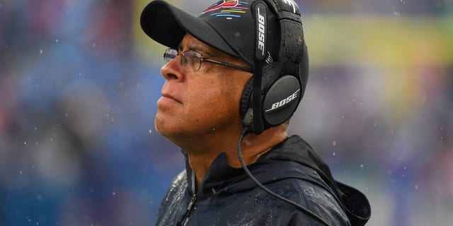 Houston Texans head coach David Culley reacts to a play against the Buffalo Bills during the second half at Highmark Stadium in October 2021.