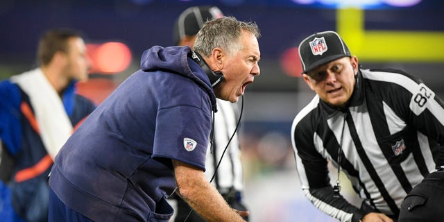 New England Patriots head coach Bill Belichick reacts to a call during the second half against the Tampa Bay Buccaneers at Gillette Stadium.