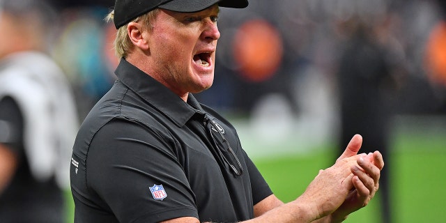 Oct 10, 2021; Paradise, Nevada, USA; Las Vegas Raiders head coach John Gruden is pictured before the start of a game against the Chicago Bears at Allegiant Stadium.