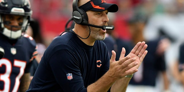 Chicago Bears head coach Matt Nagy reacts during the first half of an NFL football game against the Tampa Bay Buccaneers Sunday, Oct. 24, 2021, in Tampa, Fla.