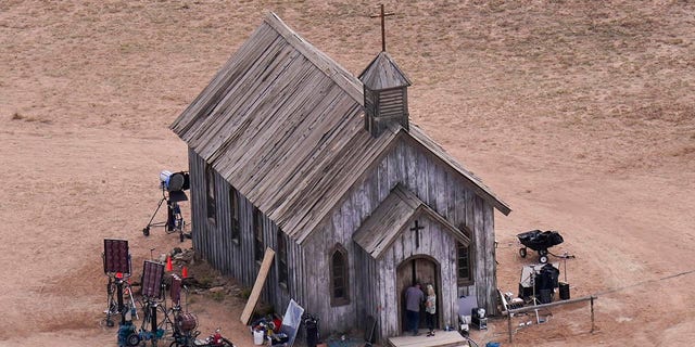Aerial photo from Bonanza Creek Ranch in New Mexico shows the church where actor Alec Baldwin fired a prop gun.