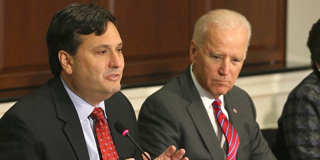 WASHINGTON, DC - NOVEMBER 13:  Ebola Response Coordinator Ron Klain (L), joined by  U.S. Vice President Joseph Biden (R), speaks during a meeting regarding Ebola at the Eisenhower Executive office building November 13, 2014 in Washington,  D.C.  (Photo by Mark Wilson/Getty Images)