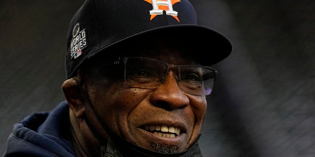 Houston Astros manager Dusty Baker Jr. watches batting practice before Game 5 of baseball's World Series between the Astros and the Atlanta Braves Sunday, Oct. 31, 2021, in Atlanta.
