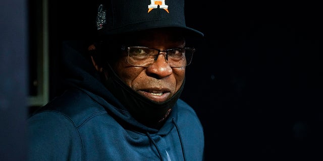 Houston Astros manager Dusty Baker Jr. waits for the start of Game 4 of baseball's World Series between the Astros and the Atlanta Braves Saturday, Oct. 30, 2021, in Atlanta.