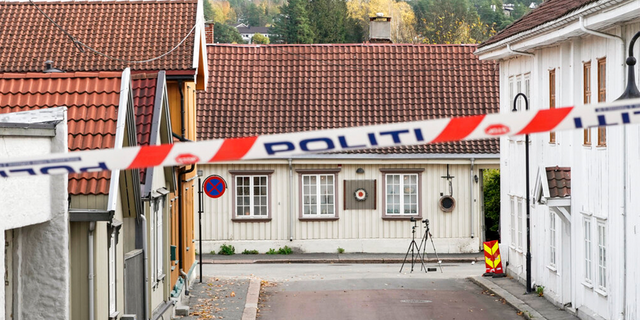 The cordoned-off area of the scene involved in the bow and arrow attack, in Kongsberg, Norway, Friday, Oct. 15, 2021. 