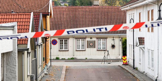 The cordoned off area of the scene involved in the bow and arrow attack, in Kongsberg, Norway on Friday, October 15, 2021.