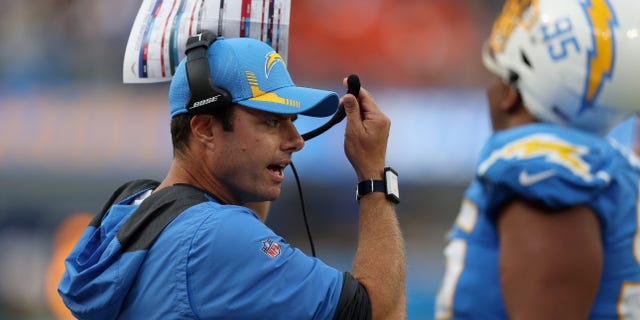 Head coach Brandon Staley of the Los Angeles Chargers calls a play during the fourth quarter against the Cleveland Browns at SoFi Stadium on October 10, 2021 in Inglewood, California.