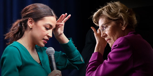 Rep. Alexandria Ocasio-Cortez answers audience questions with Democratic 2020 U.S. presidential candidate Senator Bernie Sanders (not pictured) during a Climate Crisis Summit at Drake University in Des Moines, Iowa, U.S. November 9, 2019. REUTERS/Scott Morgan _____ UNITED STATES - FEBRUARY 19: Democratic presidential candidate Sen. Elizabeth Warren, D-Mass., waits to do an interview in the spin room after a Democratic presidential primary debate in Las Vegas on Wednesday, Feb. 19, 2020. (Photo by Caroline Brehman/CQ-Roll Call, Inc via Getty Images)