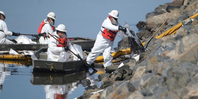 Cleanup contractors unload collected oil in plastic bags trying to stop further oil crude incursion into the Wetlands Talbert Marsh in Huntington Beach, Calif., on Sunday. (AP)