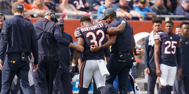 Chicago Bears running back David Montgomery is assisted off the field in the second half of an NFL football game against the Detroit Lions on Sunday, October 3, 2021 in Chicago.  The Bears won 24-14. 