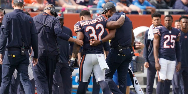 Chicago Bears running back David Montgomery is assisted off the field during the second half of an NFL football game against the Detroit Lions Sunday, Oct. 3, 2021, in Chicago. The Bears won 24-14.