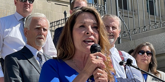 Republican Lt. Gov. Janice McGeachin of Idaho addresses a rally on the Statehouse steps in Boise, Sept. 15, 2021. 