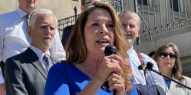 Republican Lt. Gov. Janice McGeachin addresses a rally in Boise on Sept. 15.